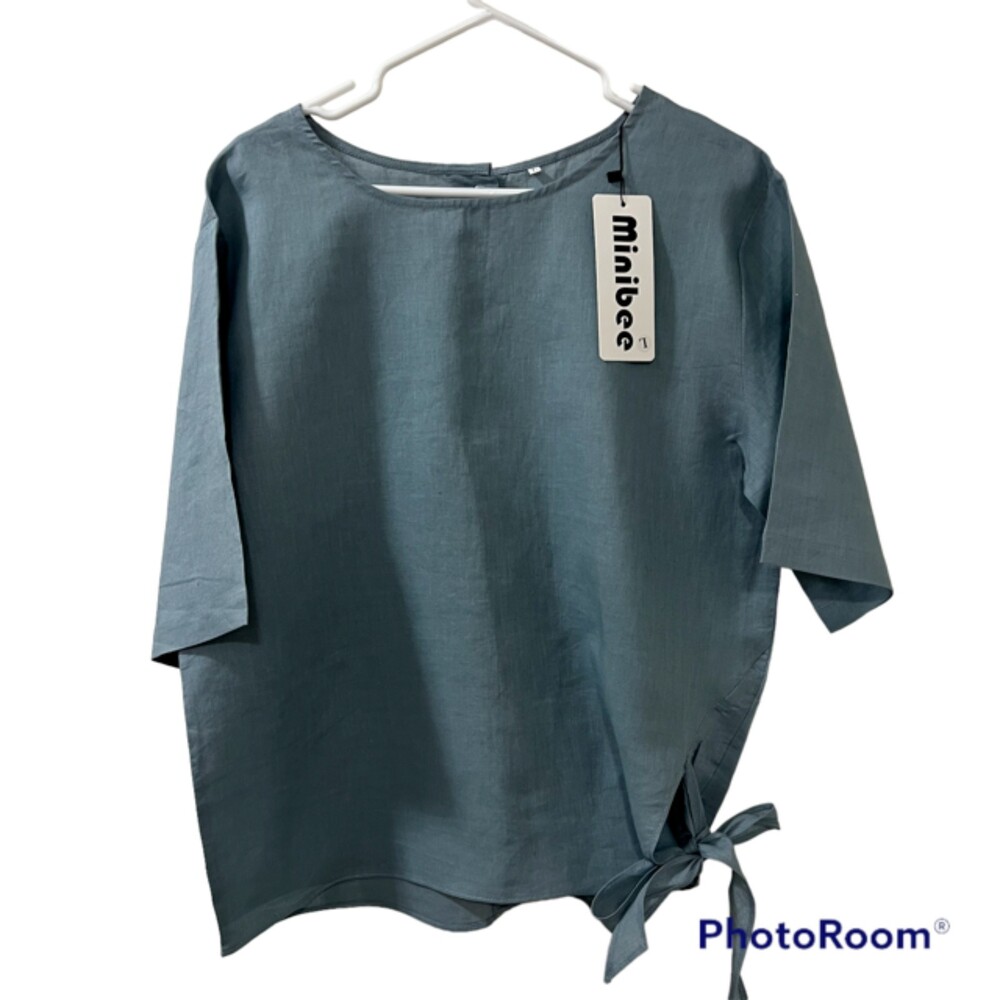 Minibee Linen Blend Dusty Blue Short Sleeve Bowknot Top Shirt Button Back Sz L